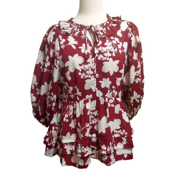 Umgee Wine/White Floral Printed Balloon Sleeve Top with Ruffle Detail~SMALL - Picture 6 of 7